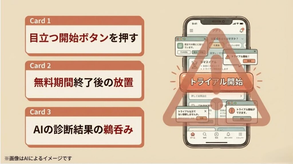 「トライアル開始」ボタンの罠と、画面の隅にある小さな「×」ボタンで課金を回避する方法を説明した図解