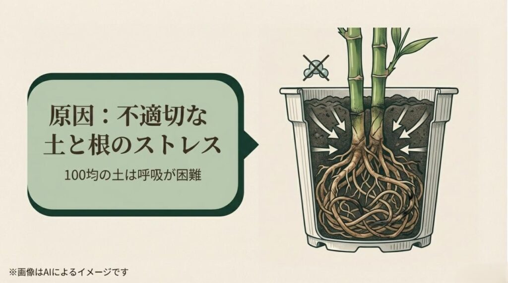 鉢の中で土が固まり、根が呼吸困難に陥っている様子を解説した図解スライド
