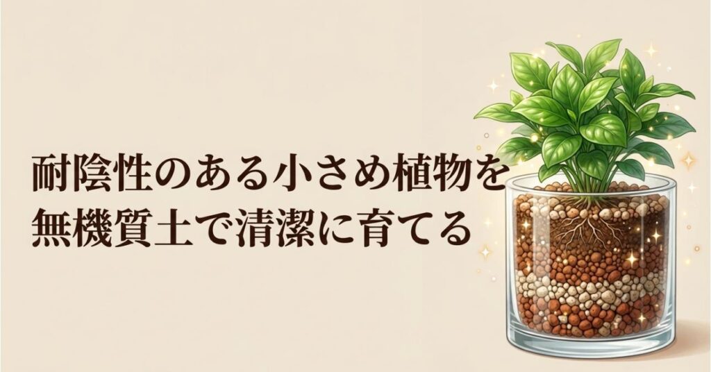 玄関でも衛生的に育てられるよう、無機質な土を使って清潔に植えられた小さな植物のイメージ