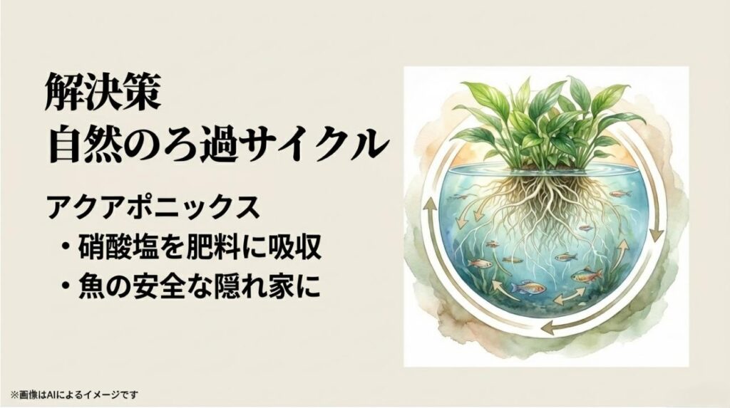 魚の排泄物を植物が肥料として吸収し、水が浄化される循環プロセスを描いた図解