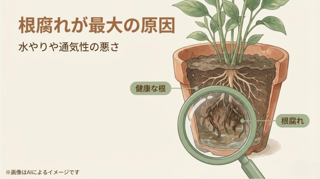 鉢の中の根を拡大鏡で覗き、健康な白い根と腐敗した茶色の根の違いを解説するイラスト