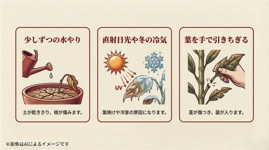 少なすぎる水やり、直射日光、手での葉の引きちぎりなど、植物を傷める原因をまとめた注意喚起スライド