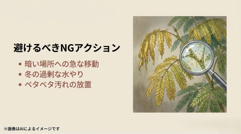 虫眼鏡で葉のベタつきを観察する様子と、冬の過剰な水やりなどのNGアクションをまとめたスライド