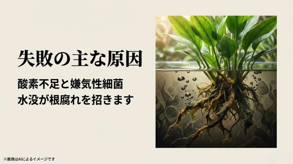 水没した植物の根に気泡や嫌気性細菌が発生し、根が傷んでいく様子を強調したイメージ