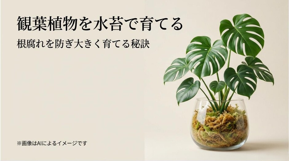 ガラス容器に水苔で植えられたモンステラの写真と、根腐れを防ぎ大きく育てる秘訣を伝えるアイキャッチ画像