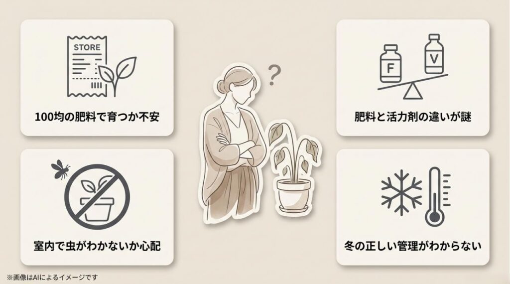 100均肥料への不安、肥料と活力剤の違い、虫、冬の管理など、初心者が抱きやすい悩みをアイコンでまとめたスライド