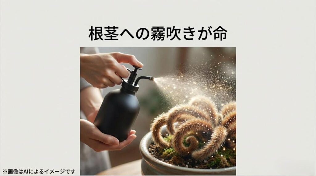 シノブのフワフワした根茎（もふもふした部分）に霧吹きで直接水を与えている様子