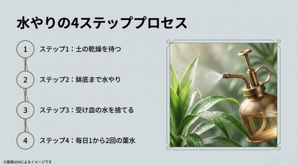 土の乾燥確認から鉢底までの水やり、受け皿の処理、葉水までの手順をまとめた4枚構成の解説図