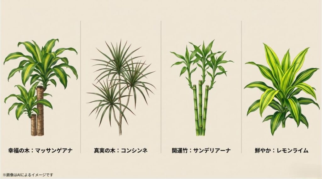 マッサンゲアナ、コンシンネ、サンデリアーナ、レモンライムの4種類の見た目を比較した図解スライド