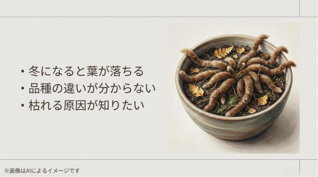 冬の落葉、品種の見分け方、枯れる原因など、シノブを育てる上での代表的な悩みをまとめたスライド