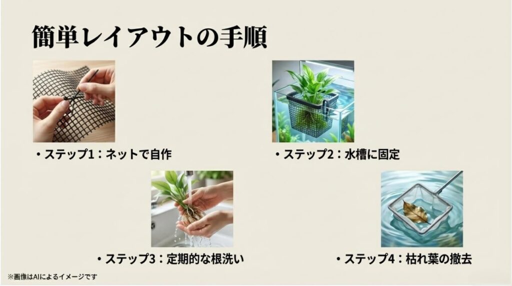 ネットの自作、水槽への固定、根洗いや枯れ葉撤去のメンテナンス手順を示す4枚の構成画像