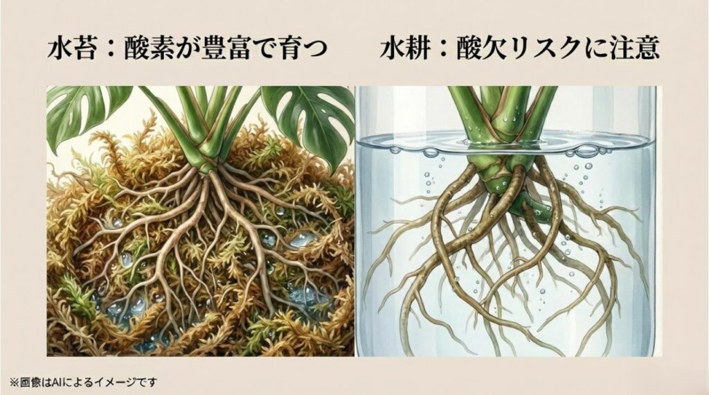 水苔は酸素が豊富で育つのに対し、水耕栽培は酸欠リスクがあることを対比させた図解スライド