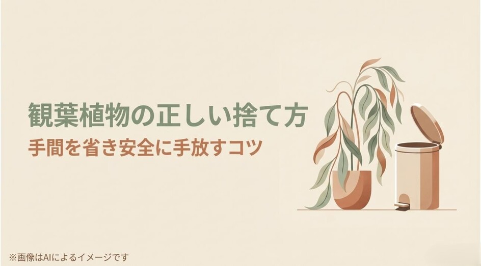 枯れた観葉植物とゴミ箱のイラストに、手間を省き安全に手放すコツを伝えるタイトルのアイキャッチ画像