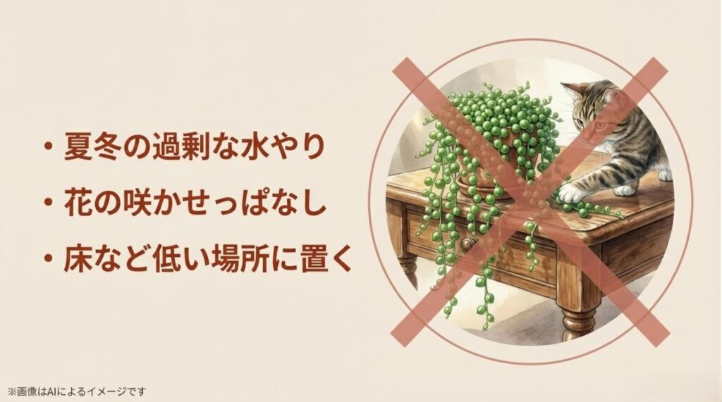 猫が届く場所に置くことや過剰な水やりなどを禁止する警告マーク入りのスライド