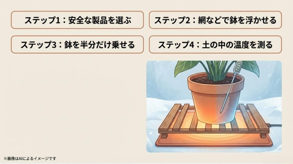 安全な製品選び、網での底上げ、半分乗せ、土中温度の測定という4つのステップを解説した実用的なスライド