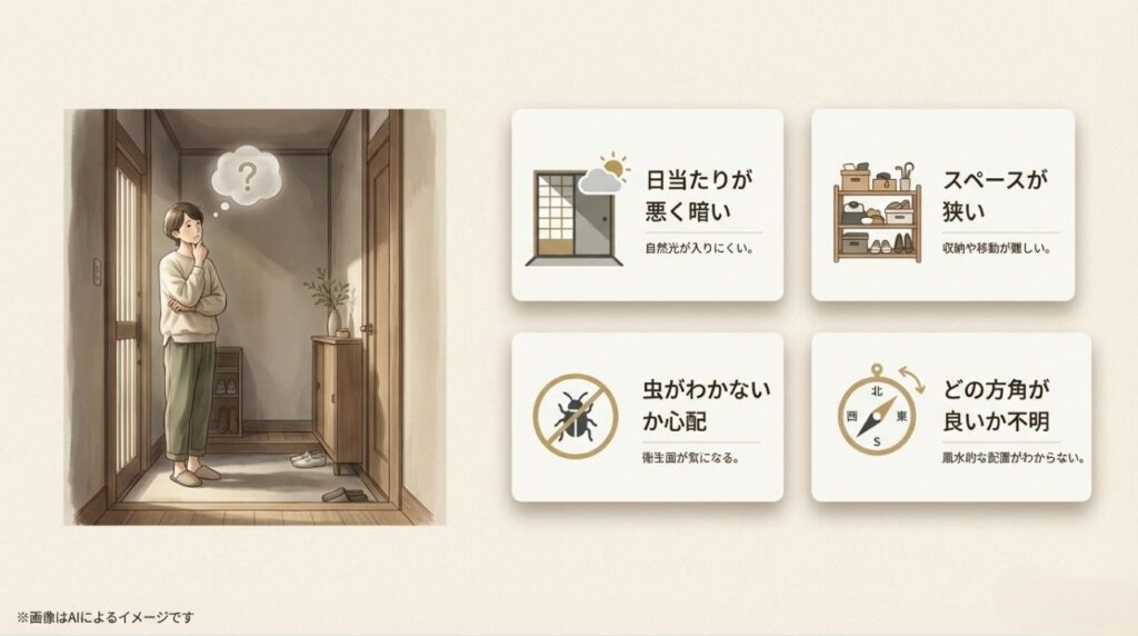 暗い玄関で日当たりやスペース、虫の発生、方角について悩む女性のイラスト