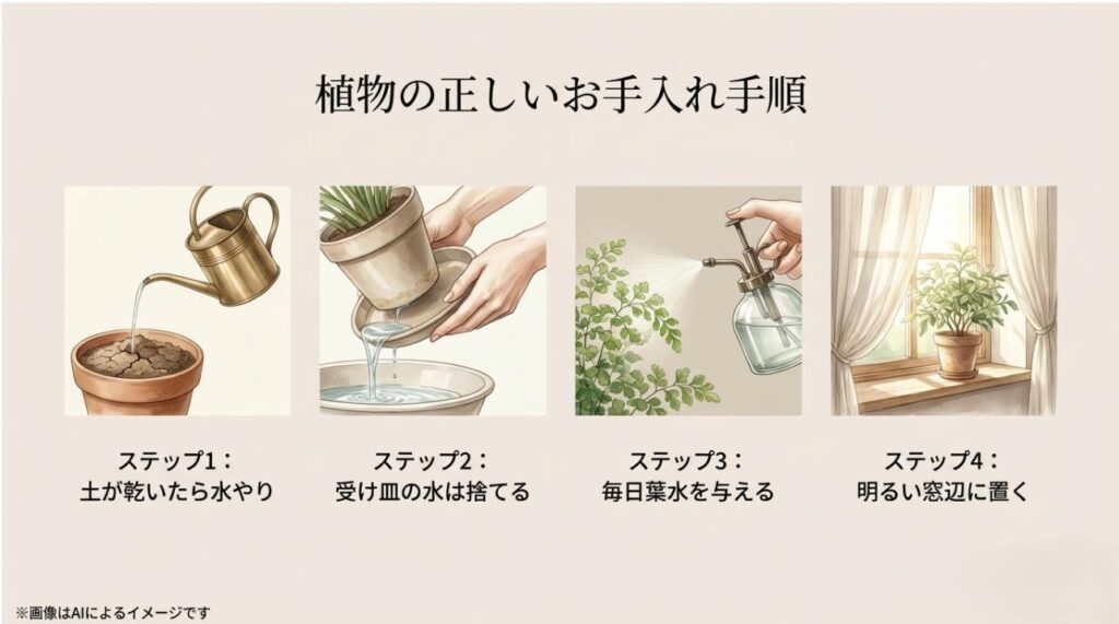 土が乾いたら水やり、受け皿の水を捨てる、毎日葉水、明るい窓辺に置くという4つの管理手順のイラスト