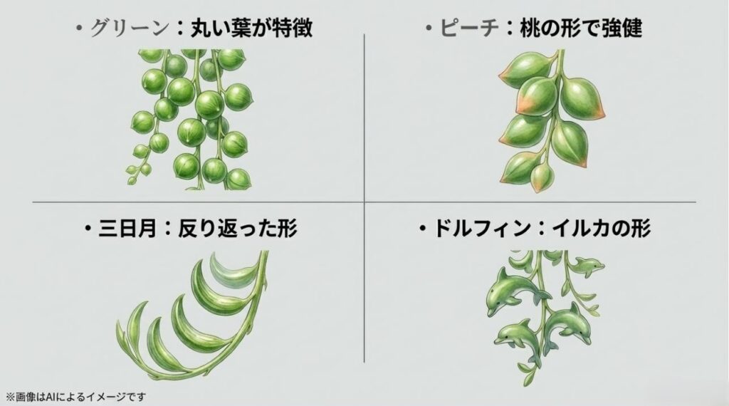 丸い葉のグリーン、桃型のピーチ、反り返った三日月、イルカ型のドルフィンなど品種ごとの特徴を並べた解説図