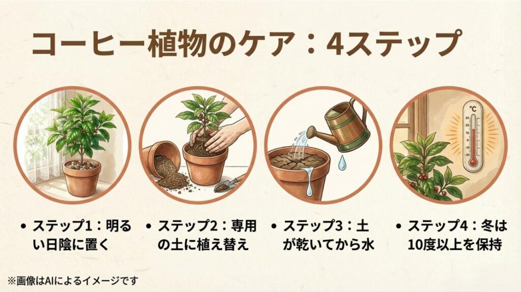 日陰の管理、土の植え替え、正しい水やり、冬の温度管理という4つの重要なケア手順をまとめたスライド