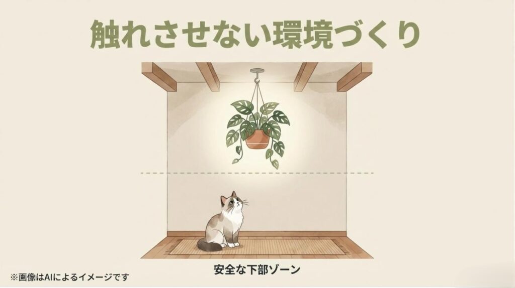 部屋を上下のゾーンに分け、猫が届かない高い位置に植物を配置する「垂直方向の防衛策」の概念図