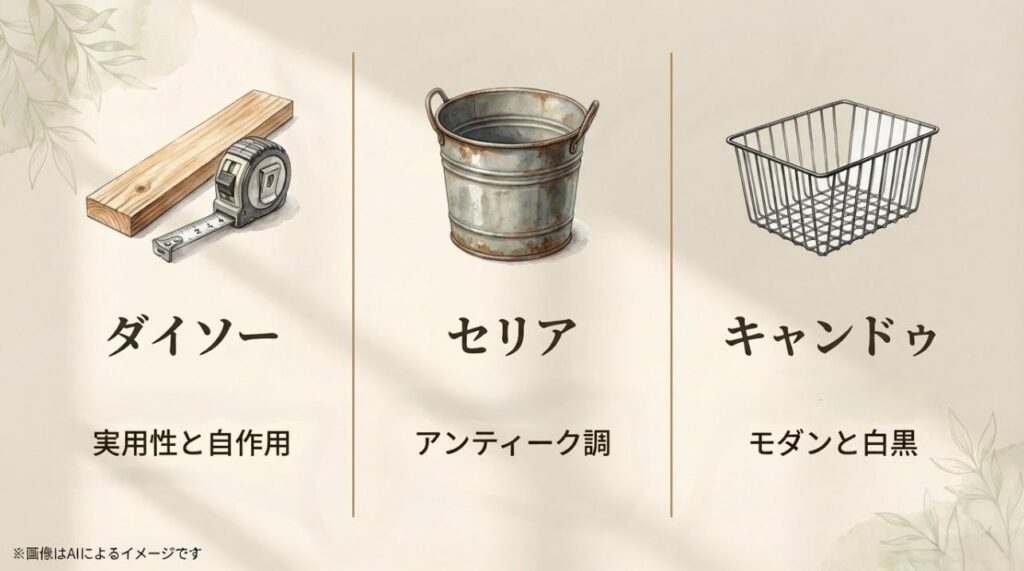 ダイソー（実用性）、セリア（アンティーク）、キャンドゥ（モダン）の特徴と、ワイヤーバスケットのイメージ