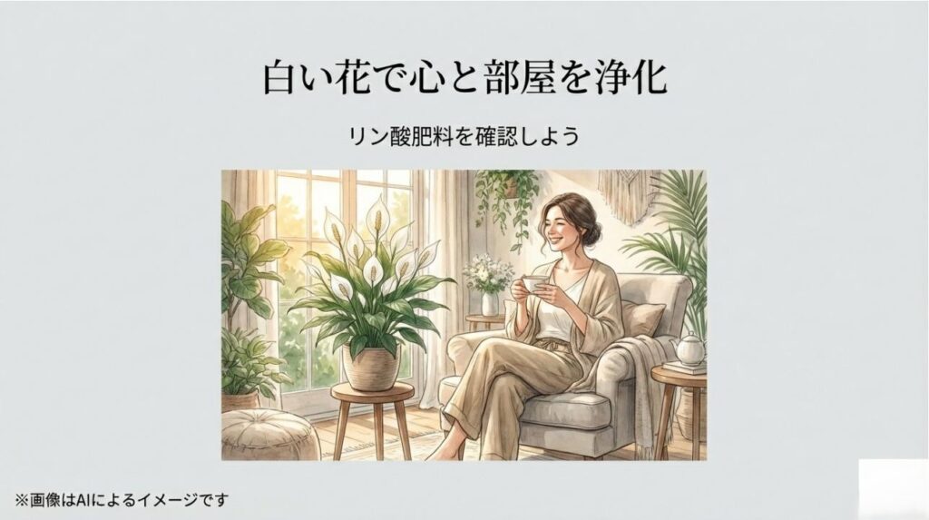 白い花が咲く観葉植物を眺めながら、心と部屋を浄化しリラックスする女性のイメージ