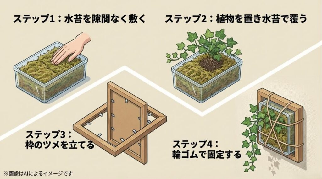 水苔を敷き、植物を配置し、フレームのツメと輪ゴムで固定する4つのステップを説明したイラスト