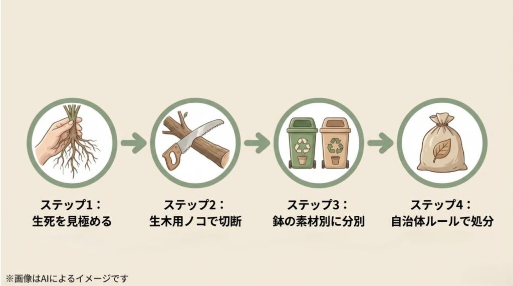 生死の確認、ノコギリでの切断、素材別の分別、自治体ルールでの処分という一連の流れをアイコンで示したフロー図