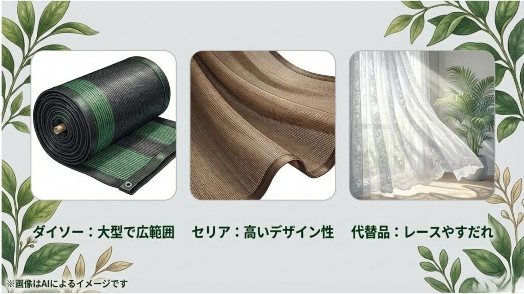 ダイソーの大型で実用的なネットと、セリアのインテリアに馴染むデザイン性の高いネットを並べた比較スライド