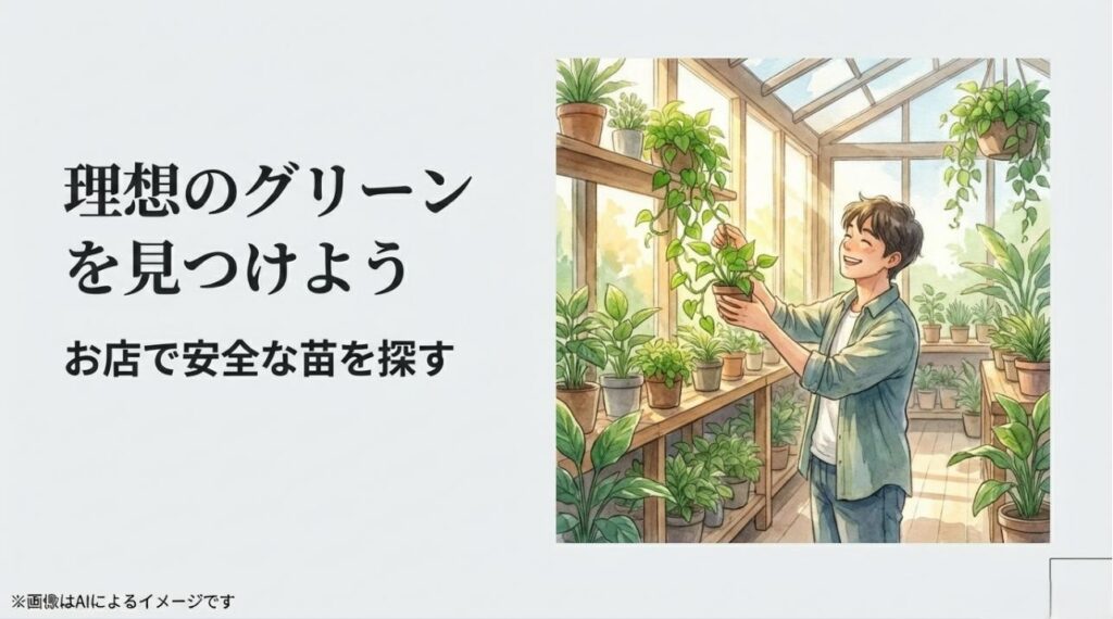 明るい園芸店で自分にぴったりの健康な苗を選び、笑顔で植物に触れる男性の様子