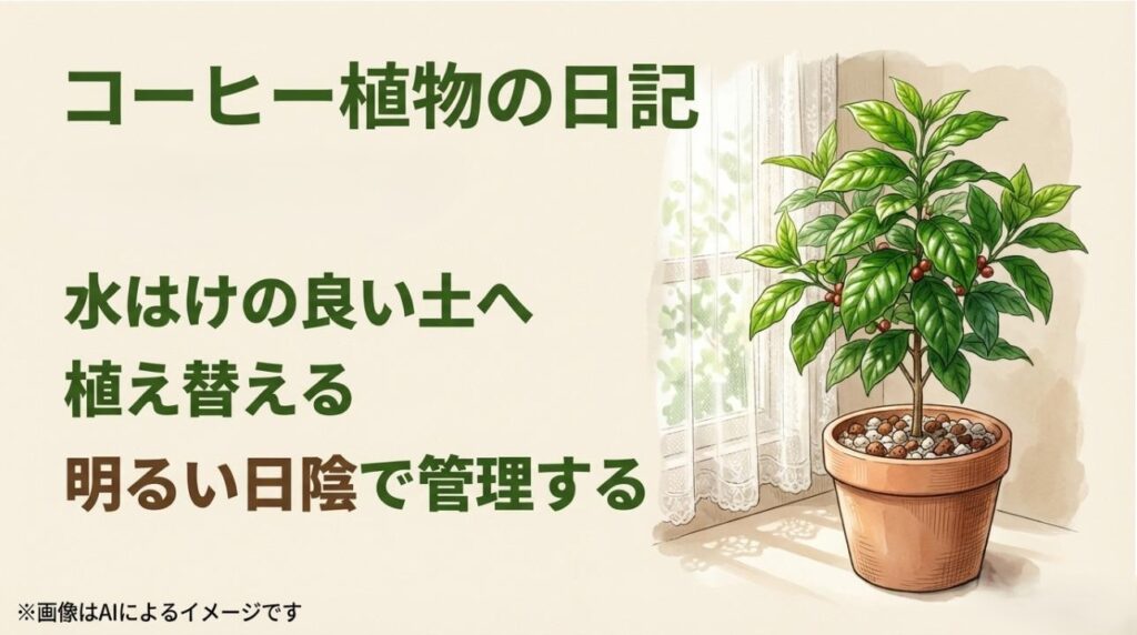 「水はけの良い土へ植え替える」と「明るい日陰で管理する」という、健康な成長のための基本ルールを記したスライド