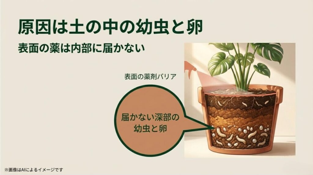 鉢植えの断面図。表面の薬剤バリアが届かない土壌深部に幼虫や卵が潜んでいる様子