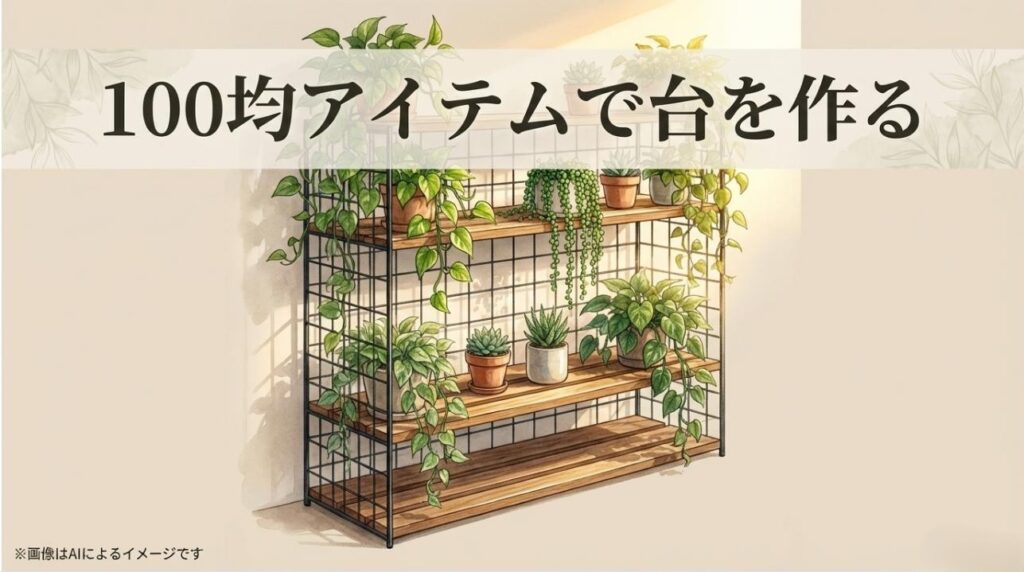 100均のすのことワイヤーネットを組み合わせて作られた、おしゃれな多段式の植物棚のイメージ