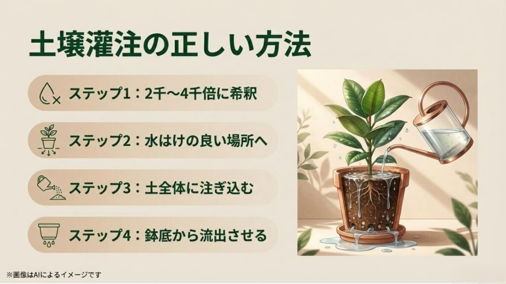 希釈、場所選び、全体への注入、鉢底からの流出という土壌灌注の具体的な4つの手順