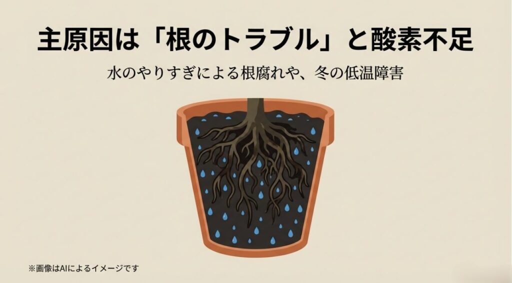 鉢の中で水が溜まり、根が呼吸できずに腐ってしまう様子を分かりやすく表現した図解スライド