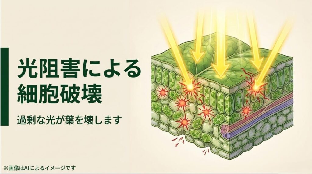 過剰な光エネルギーが葉の細胞を内部から破壊し、葉焼けを引き起こす様子を描いた顕微鏡レベルのイラスト