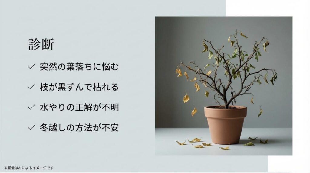 葉が落ちて枯れかかった植物の写真と、突然の葉落ちや枝の黒ずみなどのトラブルチェックリスト