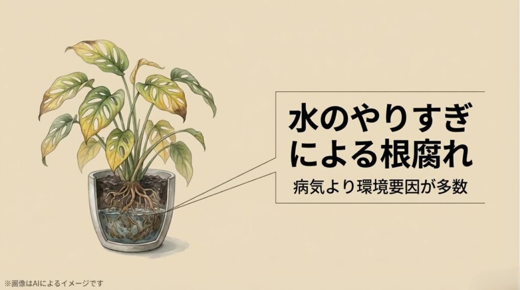 水のやりすぎによる根腐れなど、病気よりも環境要因が不調の大きな原因であることを示す図解