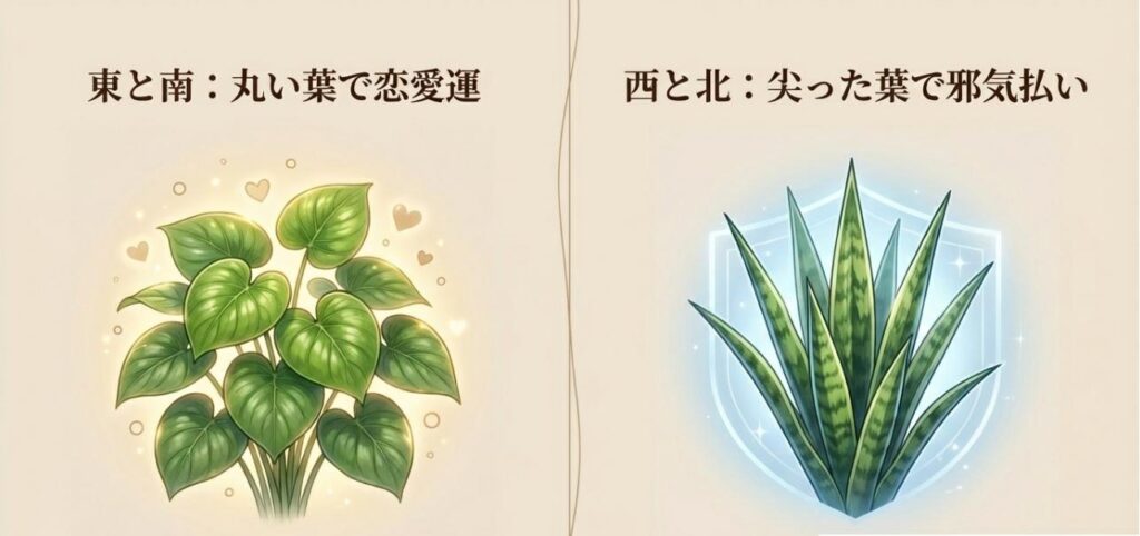 恋愛運を高める丸い葉の植物と、邪気払いをする尖った葉のサンスベリアの比較図