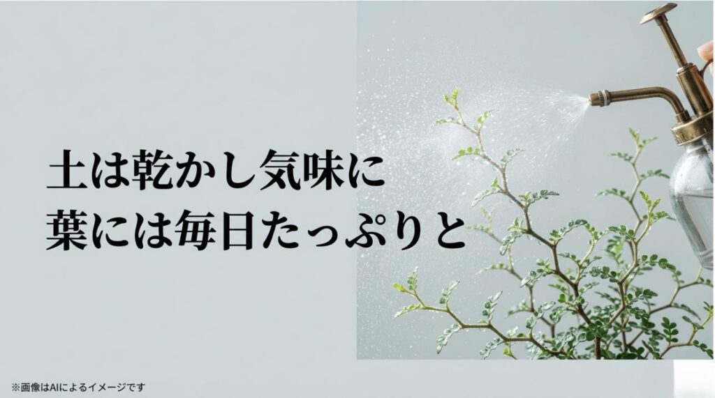 鉢の土に水を与える様子と、霧吹きで葉全体に葉水を与える様子の対比イラスト