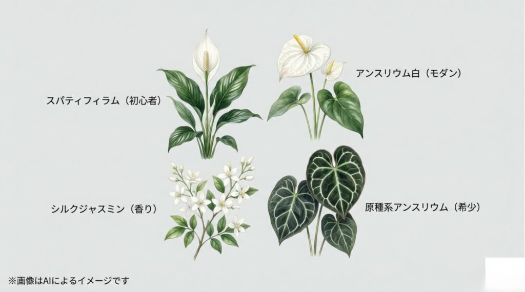 アンスリウム白、スパティフィラム、シルクジャスミン、原種系アンスリウムのそれぞれの特徴一覧