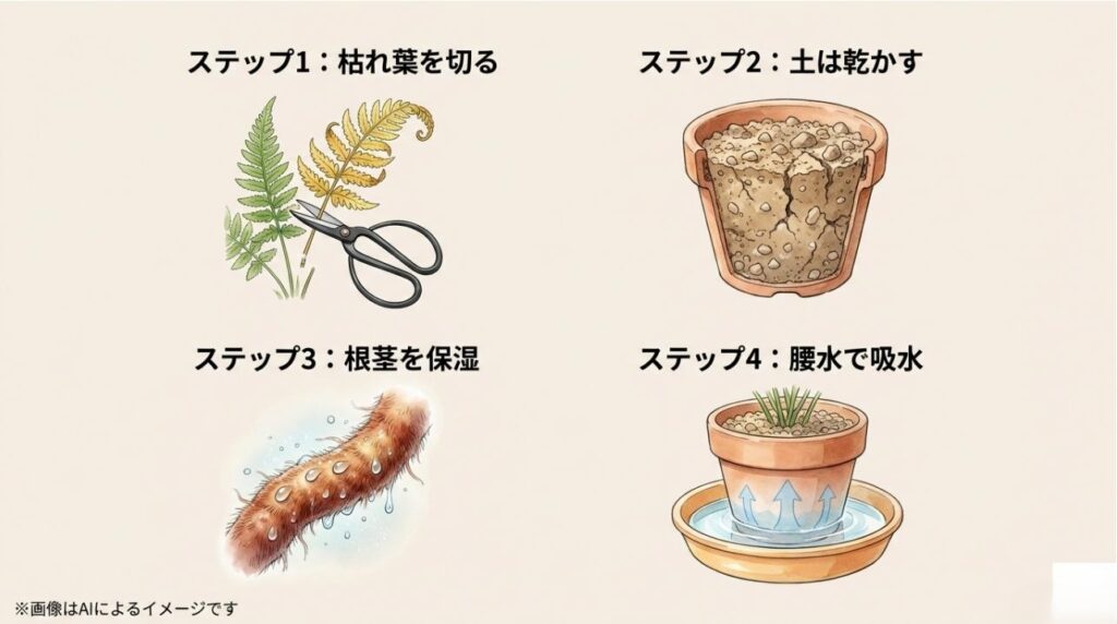 枯れ葉のカット、土の乾燥、根茎の保湿、腰水による強制吸水の4手順を説明した図解