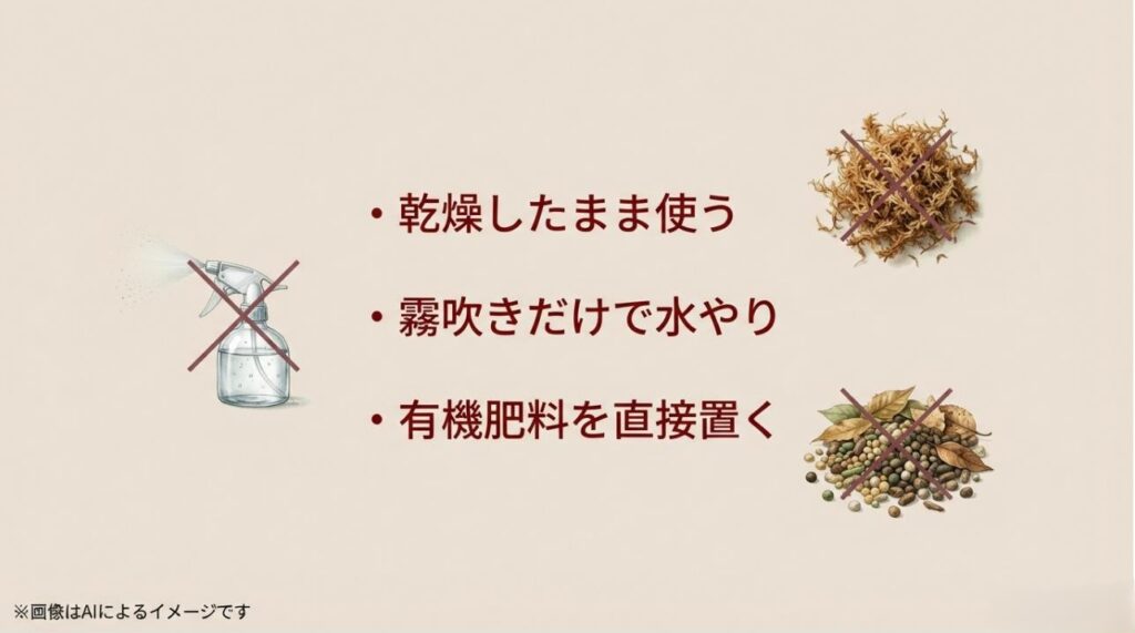 乾燥したままの使用、霧吹きだけの水やり、有機肥料の直接配置にバツ印をつけたトラブル防止スライド