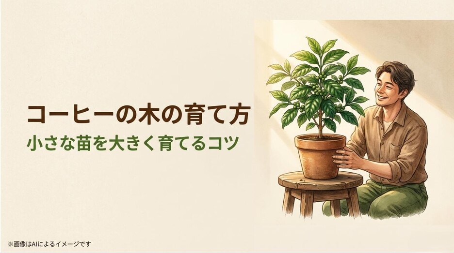 コーヒーの木の鉢植えを笑顔で見つめる男性のイラストと、大きく育てるコツを伝えるタイトルスライド