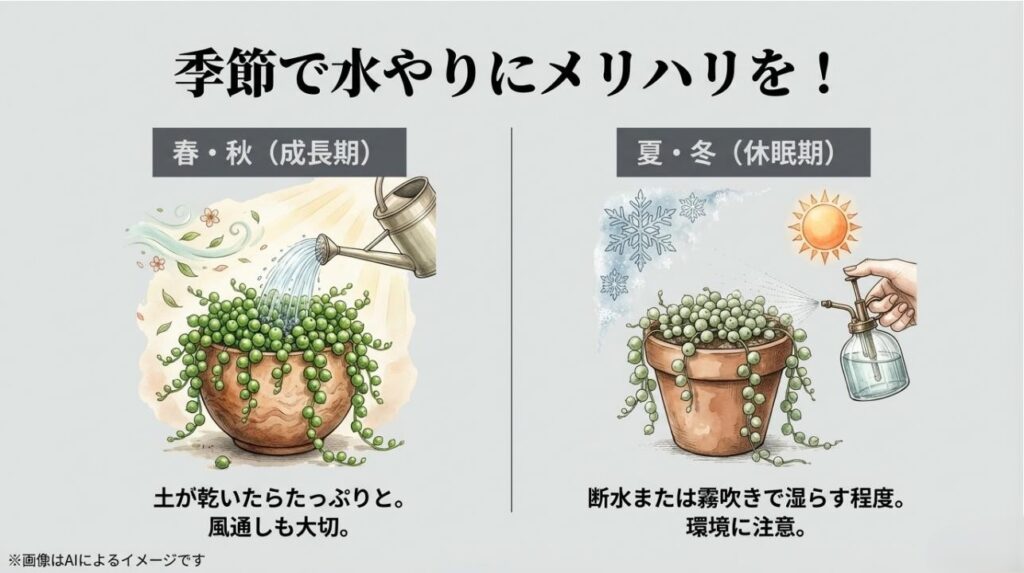 春秋はたっぷり水を与え、夏冬は断水や霧吹き程度に抑える季節別の管理方法を示したスライド