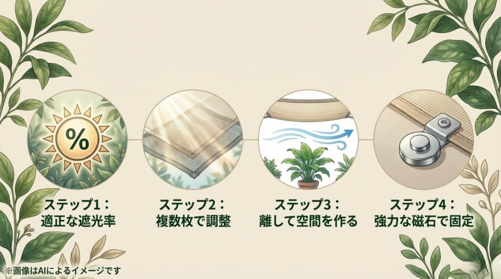 遮光率の足し算の考え方、複数枚の重ね方、風を通す空間作り、磁石での固定方法をまとめた手順ガイド