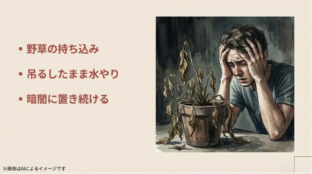 枯れた植物を前に落胆する男性と、野草の持ち込みや日光不足、不適切な水やりへの注意を促すイラスト