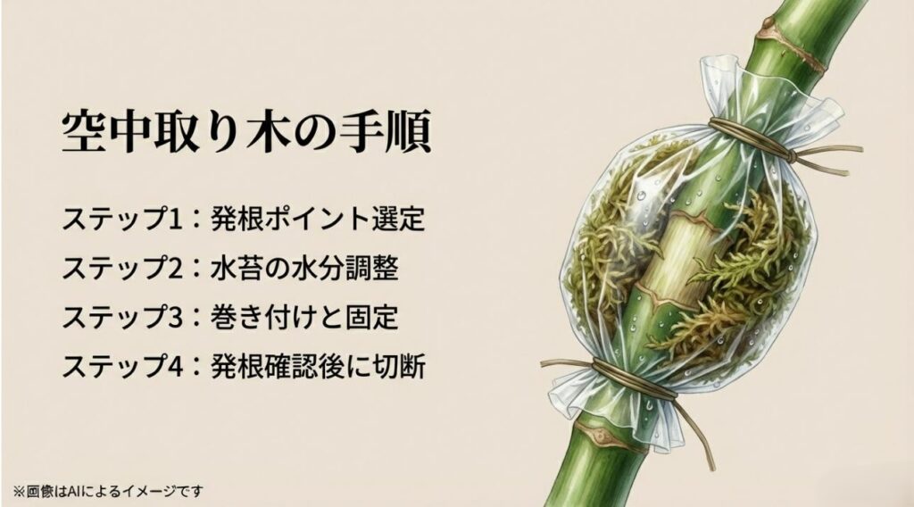 発根ポイントの選定から切断まで、空中取り木のプロセスを順序立てて解説するフローチャートスライド
