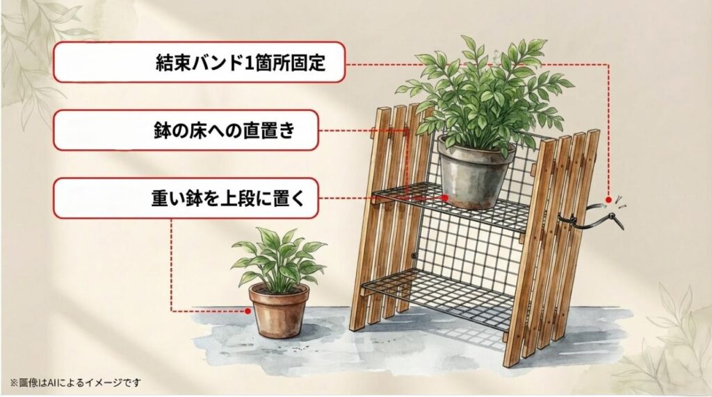 結束バンドの複数箇所固定、直置き回避、重い鉢を下に置くなどの推奨事項を赤字で示したスライド
