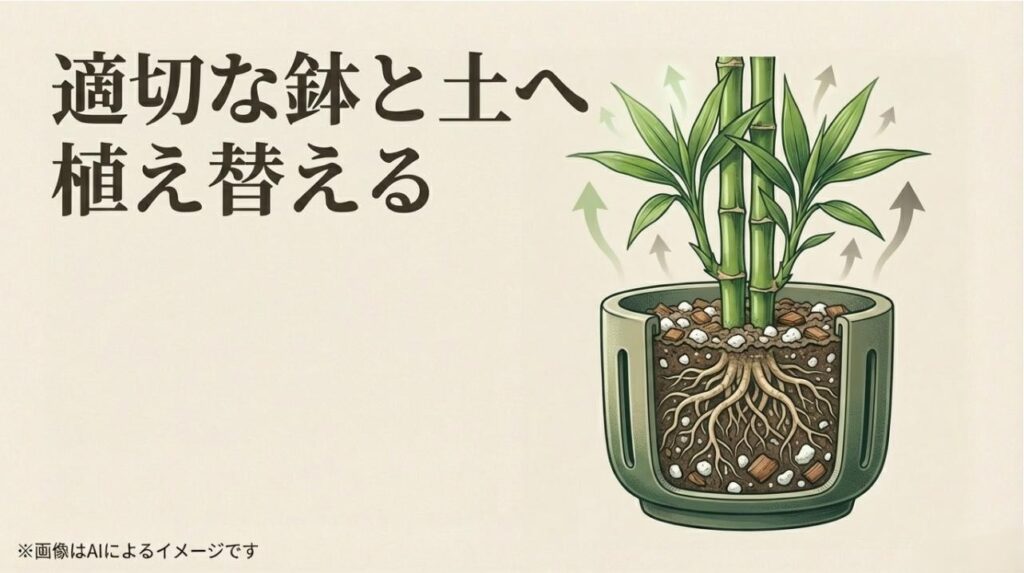 適切な環境へ植え替えることで植物がリフレッシュすることをイメージしたイラストスライド